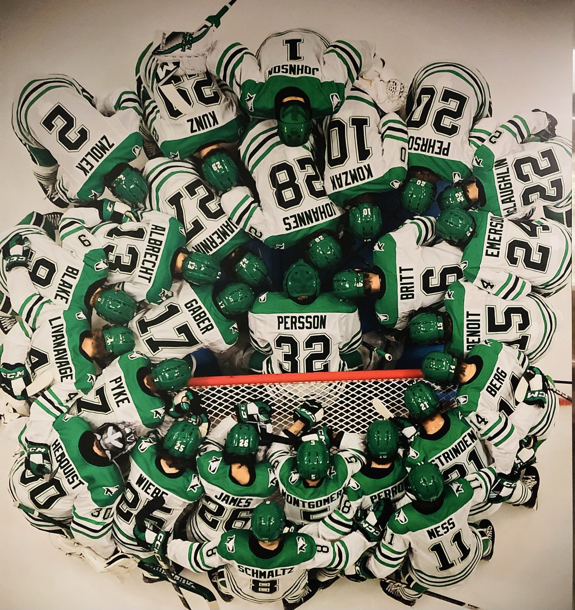 Ellejames8's tweet photo. Went for probably my 10th tour of the UND hockey area this weekend...,  took the Final 4th year picture of the Team on the wall with my boy in it. 

#Senior  #UpperClassMan 
🥲💚🏒 https://t.co/dpgwt7MVcS