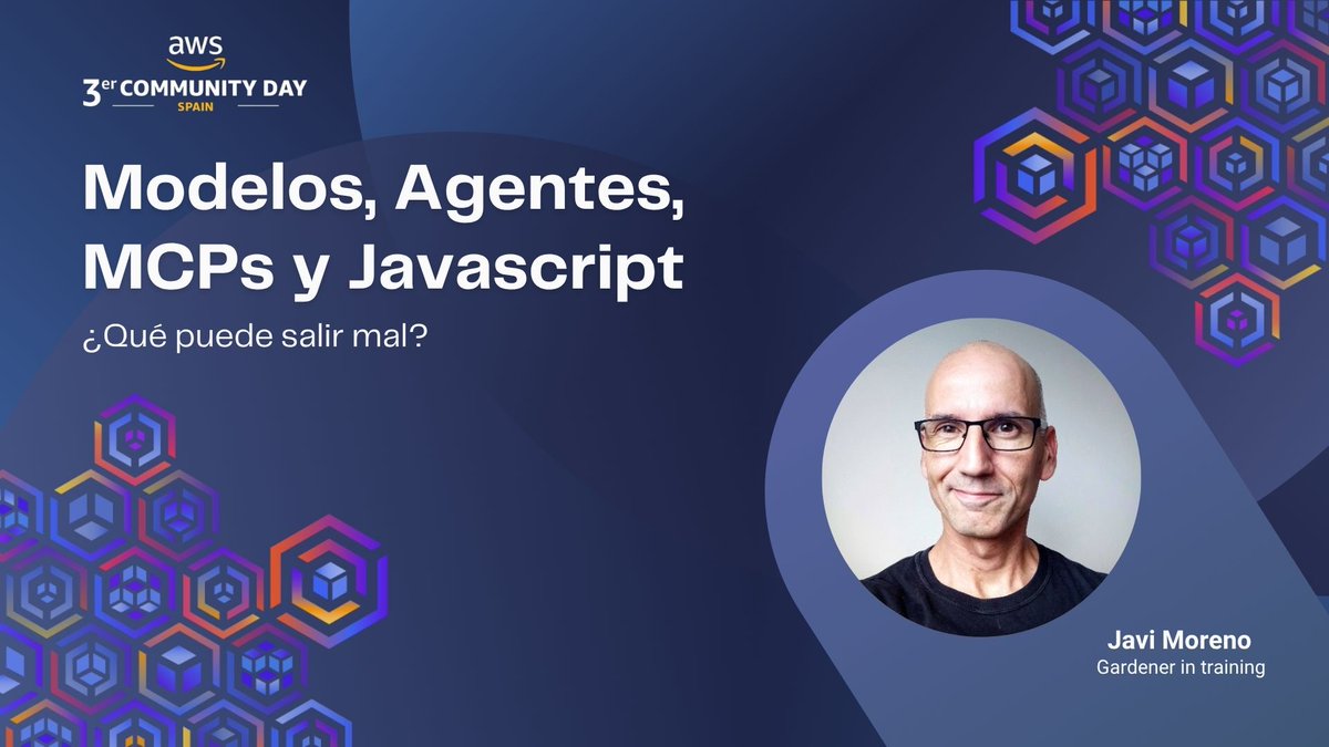 ¡Seguimos con el lineup del #AWSCommunityDay Spain 2025! 🙌
Con Javi Moreno y su charla:
 “Modelos, Agentes, MCPs y Javascript: ¿Qué puede salir mal?” 
🗓️ Agenda completa 👉 awscommunity.es/agenda