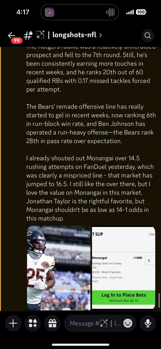 Kyle Monangai to lead the Sunday slate in rushing yards (+1400) ✅

Cashed this official longshot play in the <a href="/PropBomb/">Prop Bomb 🏝️</a> Discord yesterday. One of my favorite reads of the season. Shout out to the 🐐 <a href="/The_Oddsmaker/">Sean Koerner</a> for giving me the conviction to fire this one off.