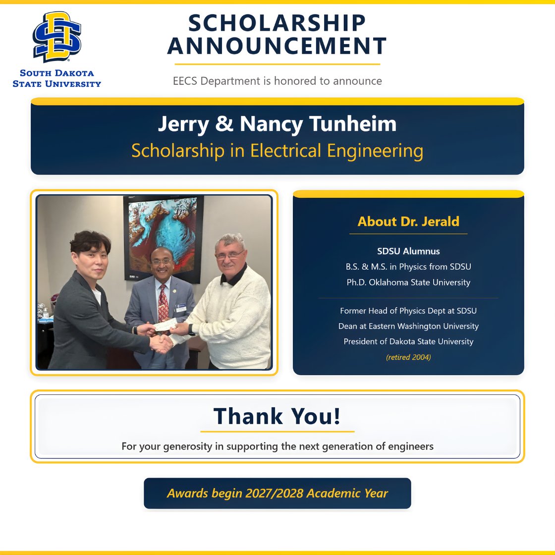 SDSU_EECS's tweet image. Big News: We&apos;re honored to announce the Jerry &amp;amp; Nancy Tunheim Scholarship in Electrical Engineering!

A huge thank you to SDState alum Dr. Jerald Tunheim &amp;amp; his wife Nancy for this generous gift.
 
Thank you, for your generosity in supporting the next generation of engineers!