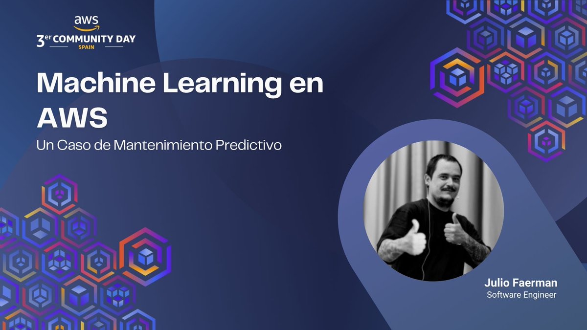 ¡Cerramos el lineup del #AWSCommunityDay Spain 2025 por todo lo alto! 🙌
Con Julio Faerman y su charla:
 “Machine Learning en AWS: Un Caso de Mantenimiento Predictivo” 🤖⚙️
Un caso real con Amazon SageMaker aplicando ML para anticipar fallas, optimizar operaciones y mucho más.