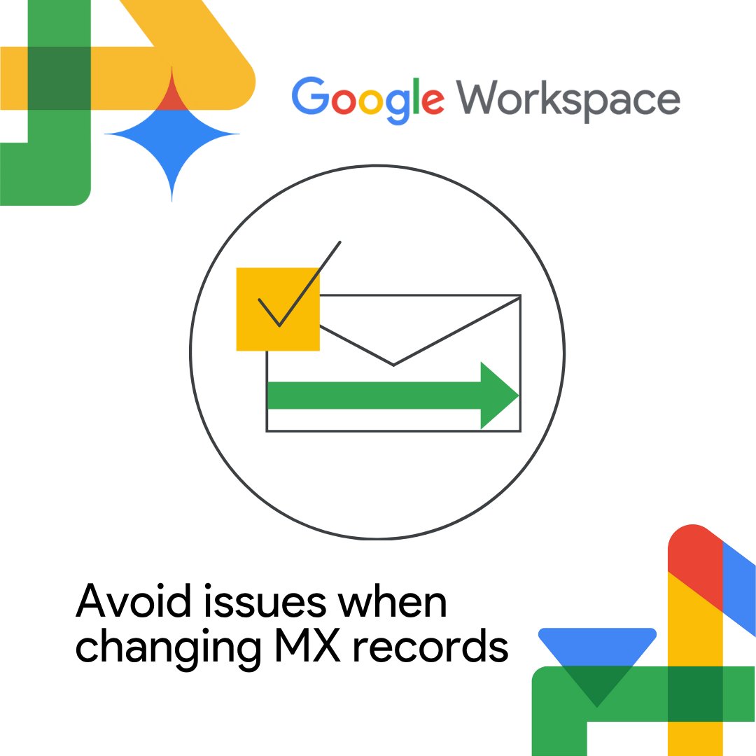 AskWorkspace's tweet image. Avoid email disruption! 🛑Admins: After setting up #GoogleWorkspace, update your MX records to route mail to #Gmail. 📨 Propagation can take up to 48 hours! Check out these best practices to avoid email bounces: goo.gle/43auXbe