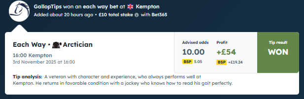 🏇 PREMIUM FREE WEEKLY GALLOPTIPS  
Discipline, analysis &amp; daily results .
Join now: t.me/GallopTips
#wolverhampton #KEMPTON #HorseRacing #UKRacing #BettingTips #SportsBetting #UKHorses #DailyTips #BettingExpert #HorseTips #apuestasdeportivas
