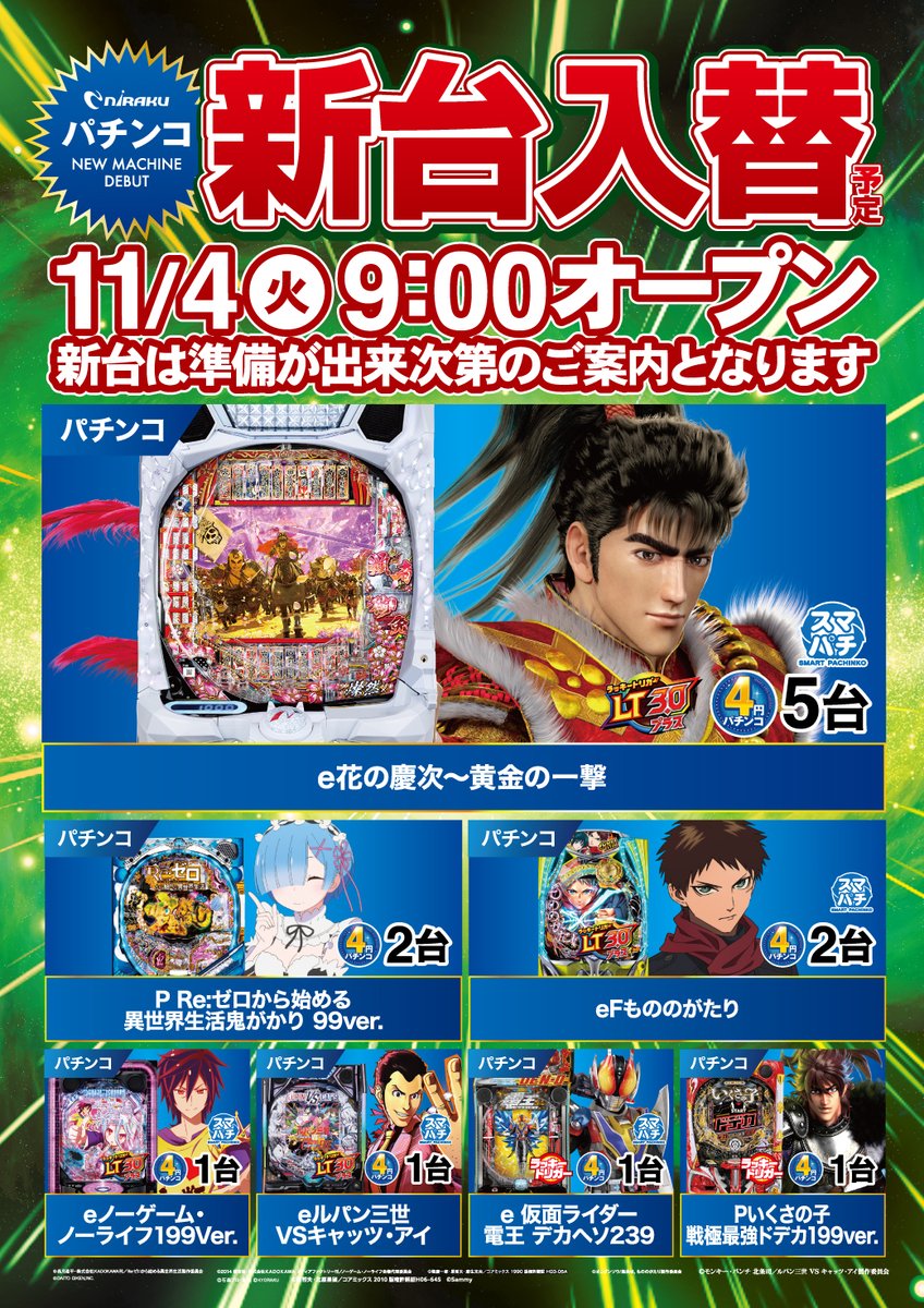 １１月４日新台入替予定

⬜️パチンコ⬜️
#ｅ花の慶次～黄金の一撃Ｈ４
#ＰＲｅゼロから始める異世界生活鬼がかりｖｅｒＡ０3
等の計７機種
🟨スロット🟨
#Ｌ革命機ヴァルヴレイヴ２ｊＦ
#Ｌとある科学の超電磁砲２ＦＶ
等の計３機種

ご来店お待ちしてます😊
※新台は準備が出来次第のご案内となります