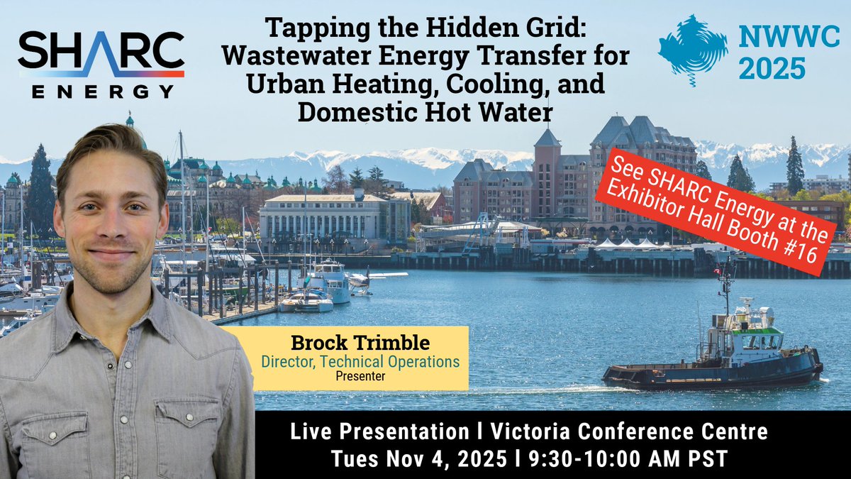Tomorrow at #NWWC2025, join SHARC Energy’s Brock Trimble for a live talk, “Tapping the Hidden Grid: #WastewaterEnergy Transfer for Urban Heating, Cooling, and DHW.”

We’ll explore how cities and buildings can tap into the thermal energy already flowing through wastewater.