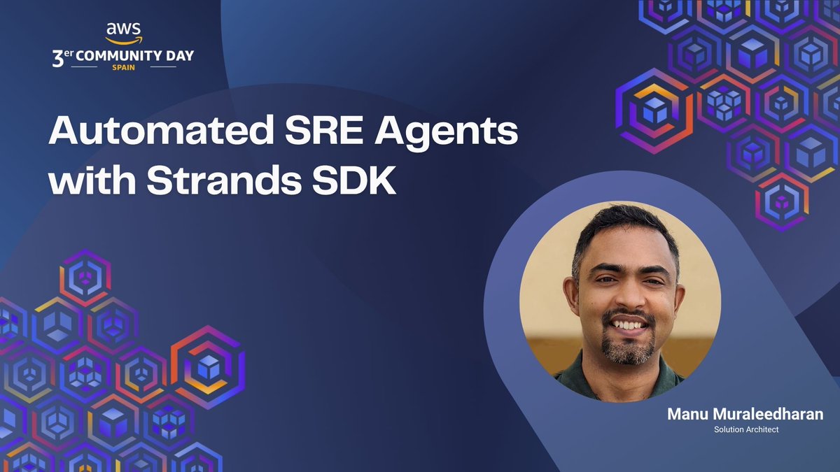 Seguimos con el lineup del #AWSCommunityDaySpain 2025! 🙌
Con Manu Muraleedharan y su charla:
 “Automated SRE Agents with Strands SDK” 🤖⚙️
Imagina un agente de IA capaz de detectar incidencias, encontrar el runbook adecuado y resolver problemas de forma autónoma 💡