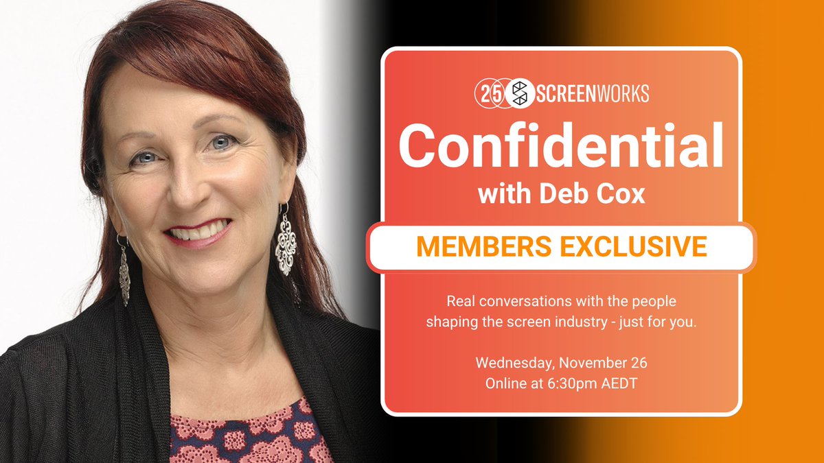 Our next Screenworks Confidential guest is creator, writer and producer Deb Cox - 
SEACHANGE, MISS FISHER'S MURDER MYSTERIES, EAST OF EVERYTHING.  Wednesday 26 November 6.30pm, register now and submit your questions screenworks.glueup.com/event/screenwo…