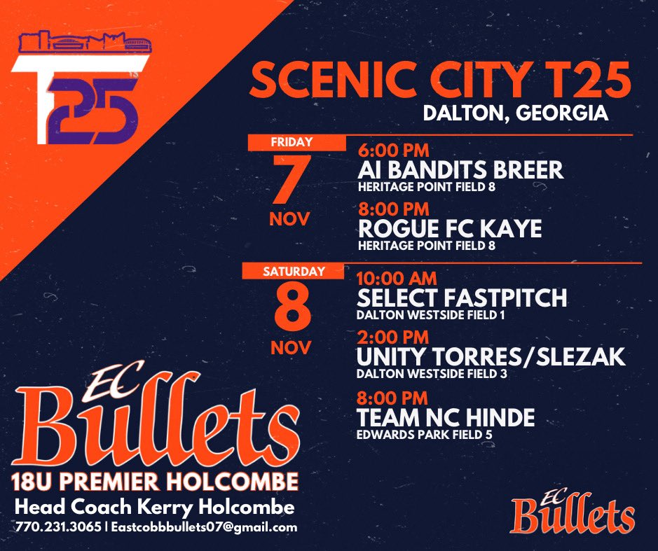 ECBholcombe's tweet photo. Fall season starts now! 🍂🥎

EC Bullets 18U Premier Holcombe is heading to Dalton, Georgia for Scenic City T25 this weekend! Excited to be back on the field and ready to compete. 💪

Let’s go, Bullets! 💥

#EarnEverything https://t.co/kPdBrrc9Ji