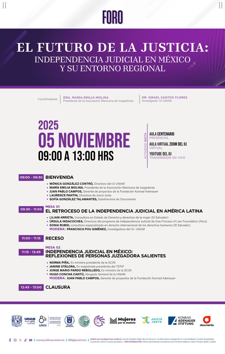 💬 Dos mesas de diálogo para reflexionar sobre la independencia judicial en México y América Latina, sus desafíos y posibles rutas de acción para fortalecerla.

📺 Transmisión en vivo disponible

🔗 Asegura tu lugar 👉juridicas.unam.mx/actividades-ac…
