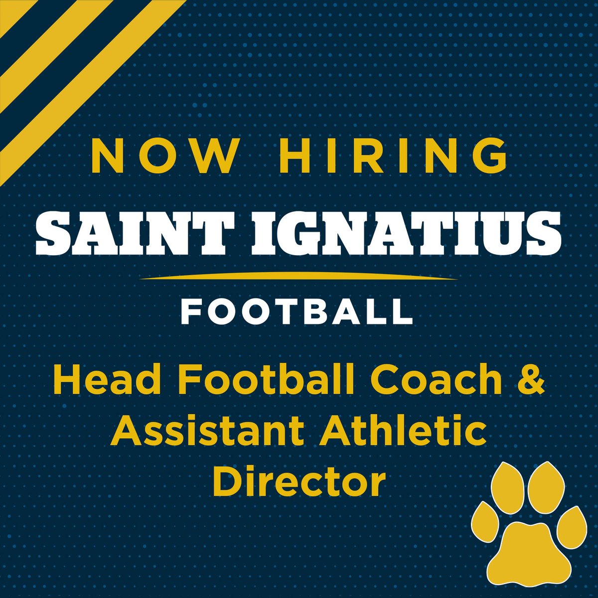 Saint Ignatius High School is searching for a Head Football Coach &amp; Assistant Athletic Director.

Please visit our website to learn more and apply today: ignatius.edu/employment