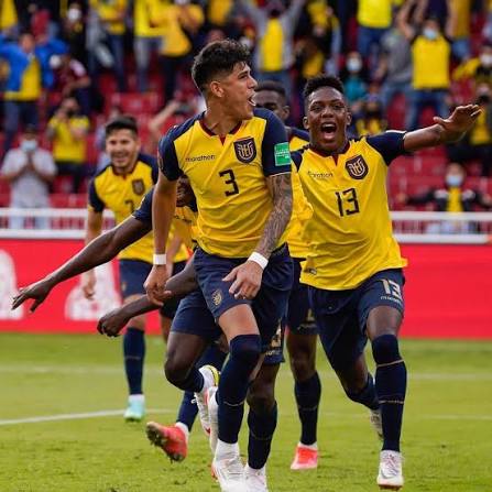 Group of male soccer players wearing yellow and navy Ecuador national team uniforms with numbers like 3 and 13 on jerseys, tattoos visible on arms, celebrating excitedly on green soccer field with arms raised and open mouths, stadium stands filled with fans in yellow clothing behind red barriers.