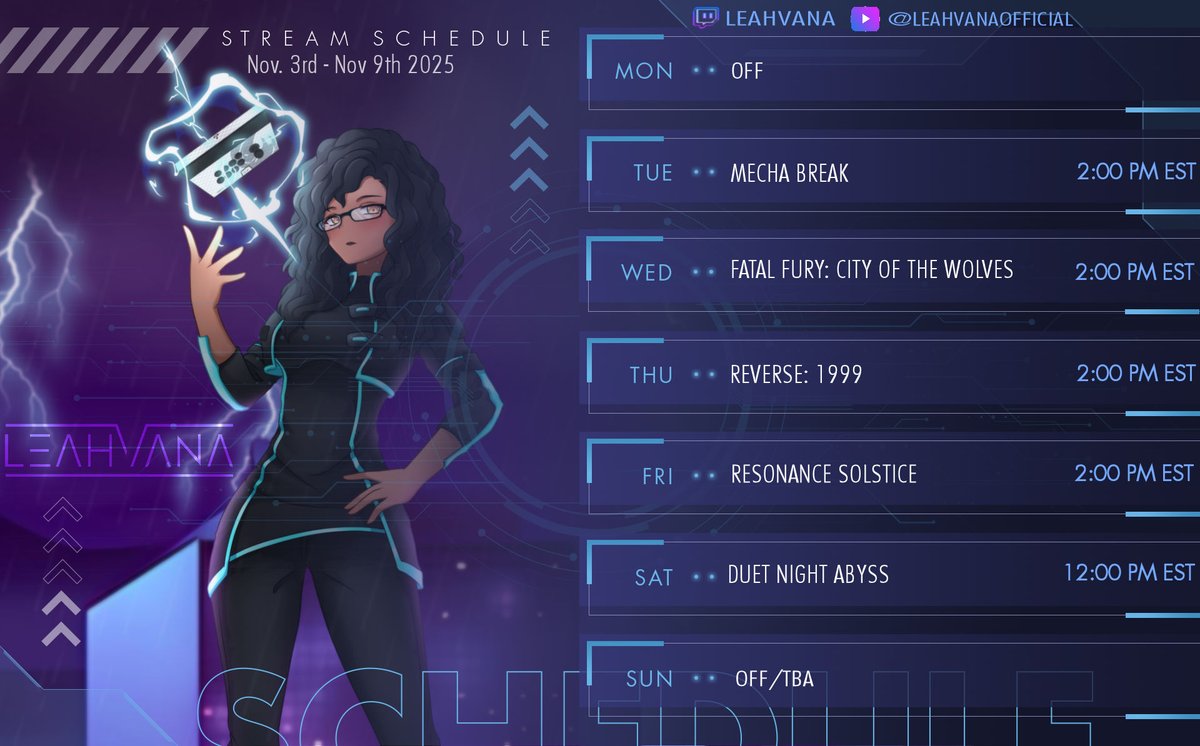 [Stream Schedule: Nov. 3rd - Nov. 9th 2025]
Mecha Break action! Chun-Li arrives in Fatal Fury: City of the Wolves! Reverse: 1999, and Resonance Solstice story! Grind time in Duet Night Abyss! Fun times ahead! Hope to see you there!
#Leahvana #BlackVtuber #Vtuber #ENVtuber