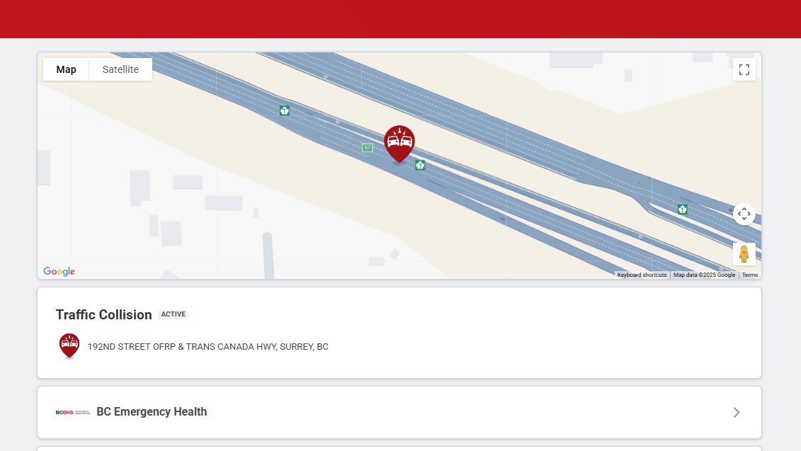 NewsRadioVAN's tweet image. 2:49 #SurreyBC
Caller reports a crash involving a motorcycle at the 192nd street offramp from #BCHwy1 eastbound. 
Unsure of lane closures yet but you're being advised to drive carefully and take a different offramp if possible.
Crews are on their way. @DriveBC @MainroadLM