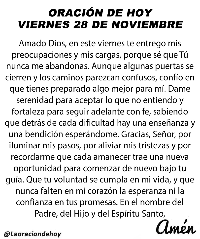 Oración diaria para hoy viernes 28 de noviembre de 2025.
