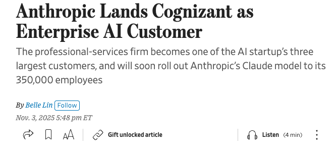 wallstengine's tweet image. Anthropic signed a major deal with Cognizant $CTSH, which will roll out Claude AI to all 350,000 employees and become one of Anthropic’s three largest customers. 

Cognizant will also sell Claude to its business clients across finance, healthcare, and life sciences.

Anthropic…
