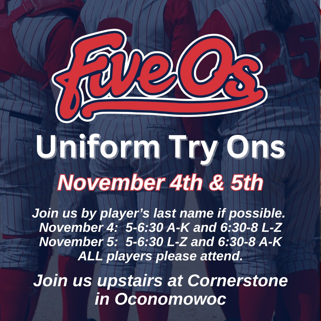 Join us tonight or tomorrow for Uniform Try-ons! 🙌

Just a few reminders:
⚾️🥎All players should attend
🥪Enjoy dinner at Cornerstone; they will be donating a portion of sales back
🎫Pick up your Diamond Club Raffle tickets
💵Check out our first ever Equipment Swap and Resale
