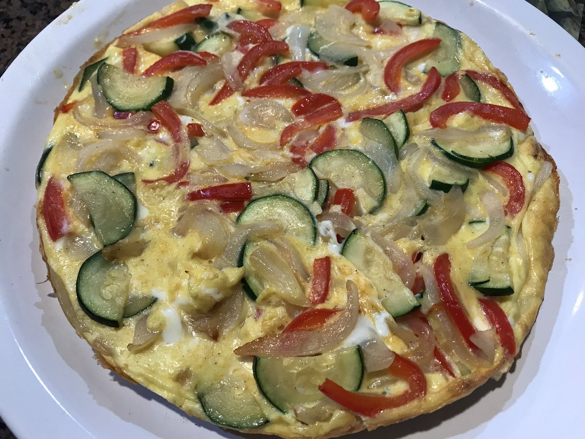 G12Rocco's tweet image. Frittata for dinner tonight! Zucchini Red Peppers and Onion😋 #MeatlessMonday