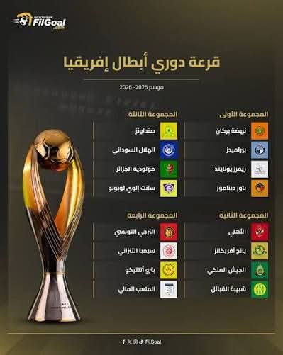 📘قرعة دوري أبطال أفريقيا     2025 - 2026
    المجموعة C
      مجموعة الهلال 

1️⃣ صن داونز 🇿🇦
2️⃣ الهلال 🇸🇩
3️⃣مولودية الجزائر 🇩🇿
4️⃣سانت لوبوبو 🇨🇩