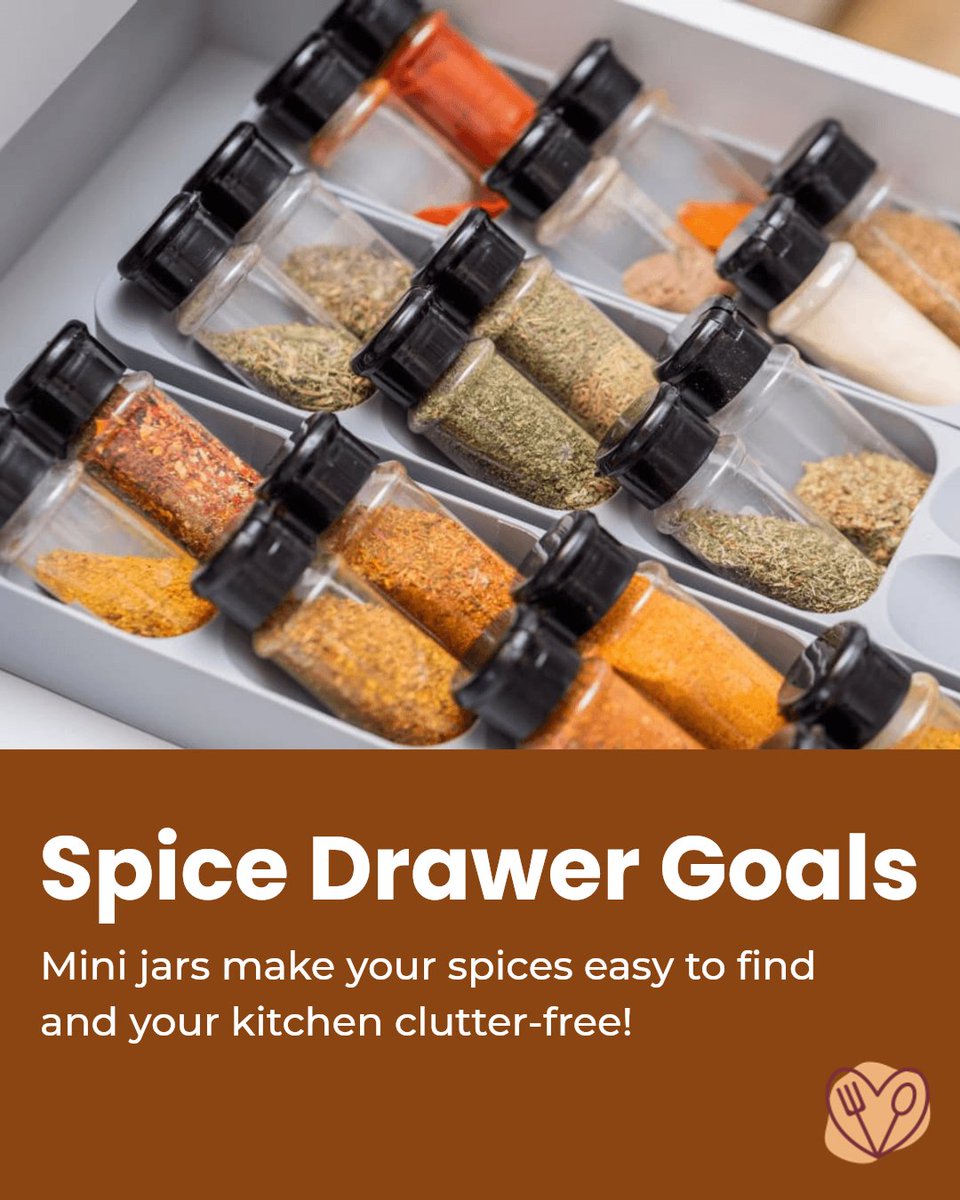 Spice up your kitchen and your organization! ✨ Store spices in mini jars neatly in a drawer—easy to see, easy to grab, no more digging around. How do you keep your spices in order? 

#KitchenOrganization #SpiceRack #HomeCooking #OrganizedKitchen #CookingTips #KitchenHacks
