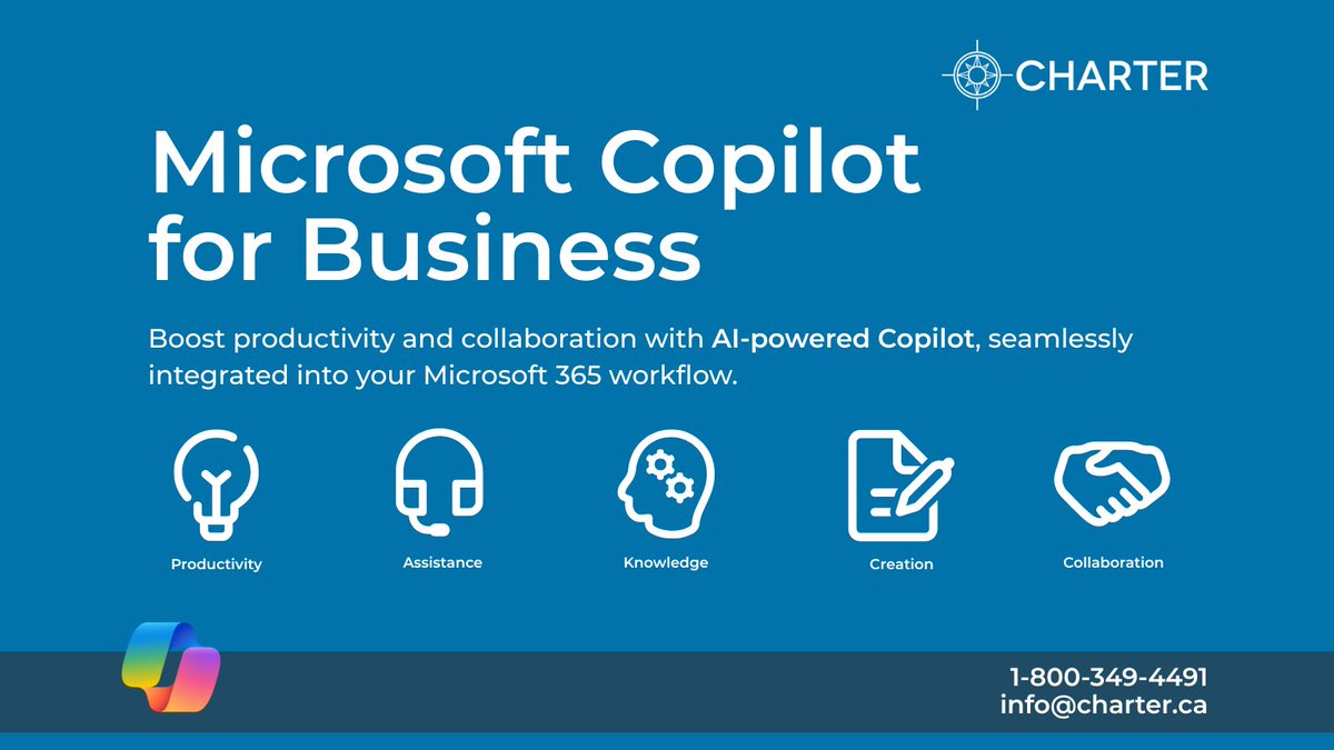 CharterTelecom's tweet image. Supercharge your workday with Charter’s #MicrosoftCopilot for Business, bringing #AIProductivity to your everyday #Microsoft365 apps; helping you draft content, summarize meetings, organize priorities, and unlock company knowledge securely. Learn more at charter.ca