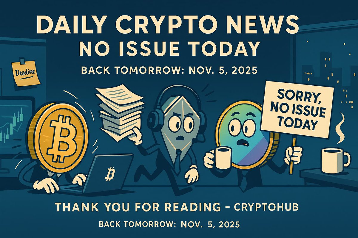 cryptohub202405's tweet photo. 本日の配信について

本日は都合により「デイリークリプトニュース」をお休みいたします。

楽しみにしてくださっていた皆さまには申し訳ありませんが、次回は明日2025年11月5日（水）に更新予定です。

いつもご愛読ありがとうございます。

これからも、わかりやすく信頼できる情報をお届けできるよう努めてまいります。

ご理解いただけますと幸いです。