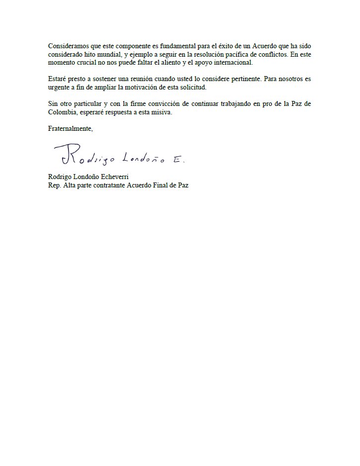 Prte <a href="/petrogustavo/">Gustavo Petro</a> acudo a usted como representante de una de las altas partes contratantes del Acuerdo Final de Paz entre las FARC-EP y el Estado Colombiano

Urge solicitar al Secretario General y a la Presidencia del Consejo de Seguridad una adición al mandato de <a href="/MisionONUCol/">Misión de la ONU en Colombia</a>.