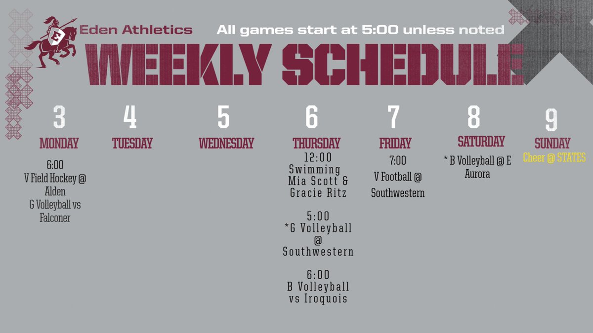 📢<a href="/EdencsdRaiders/">EdenAthletics</a> Here’s what’s happening this week at Eden. <a href="/EdenCSD/">Eden Central Schools</a> <a href="/EdenASBC/">Eden ASBC</a>
🏑🏊‍♀️📣🏐🏈