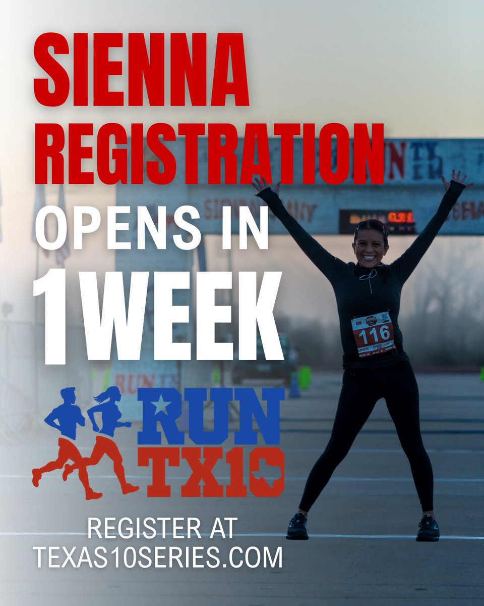 Texas10series's tweet photo. Good news runners! Sienna registration opens in ONE WEEK‼️ Set it on your calendars and we can’t wait to see you all at our next race in Conroe🥳 

#texas10series #runtx10 #5k #5mile #10mile #houstonrunning https://t.co/NuxMK4F8AR