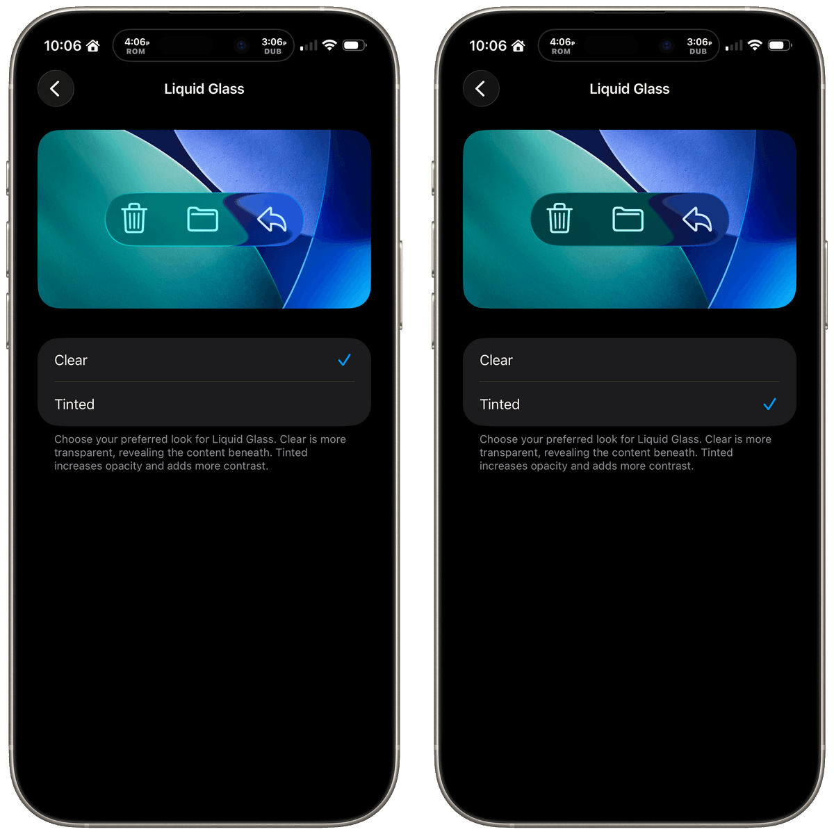 New in iOSes 26.1, you get to pick between Clear and Tinted 

Good design is opinionated. Apple has always made design decisions on the user's behalf. This "option" is the design team giving up on making the hard choices and letting users figure this out.