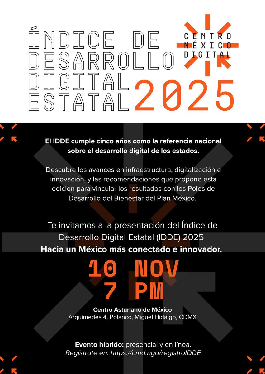 centromxdigital's tweet photo. 📣 ¡Estamos a una semana para la presentación del IDDE 2025!
📅 Este lunes 10 de noviembre a las 7 PM, acompáñanos en la presentación del IDDE 2025 de @centromxdigital.

Cinco años midiendo el desarrollo digital de México.
Regístrate aquí 👇
🔗 https://t.co/DcdXE7vhDG

#IDDE2025 #MéxicoDigital #Innovación