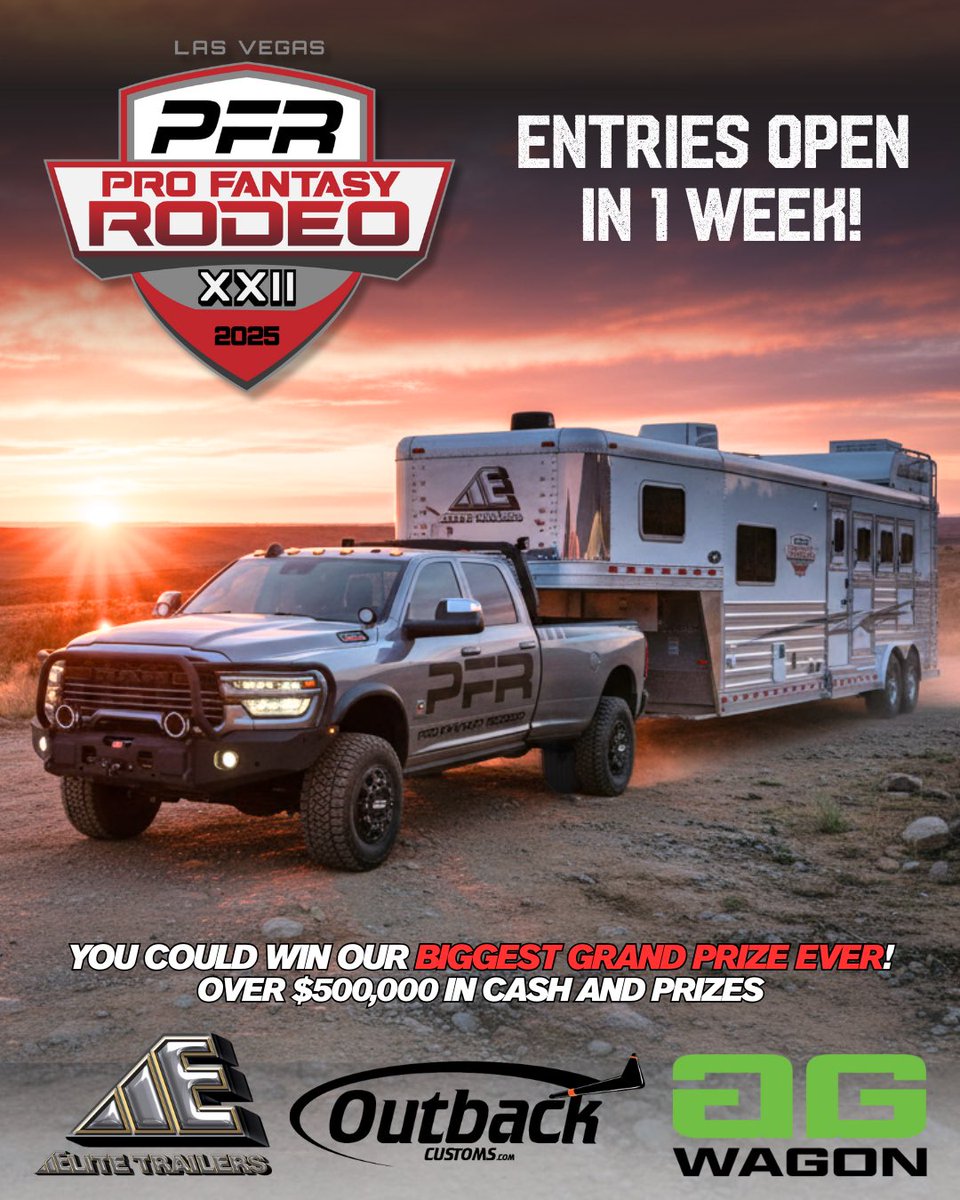 ProFantasyRodeo's tweet image. In just ONE WEEK, entries open for the Pro Fantasy Rodeo Big Game - your shot at over $500,000 in cash and prizes! 
And the grand prize?
A custom AG Wagon truck plus an Elite 4-horse trailer with Outback Living Quarters — the ultimate rodeo rig! 
ProFantasyRodeo.com