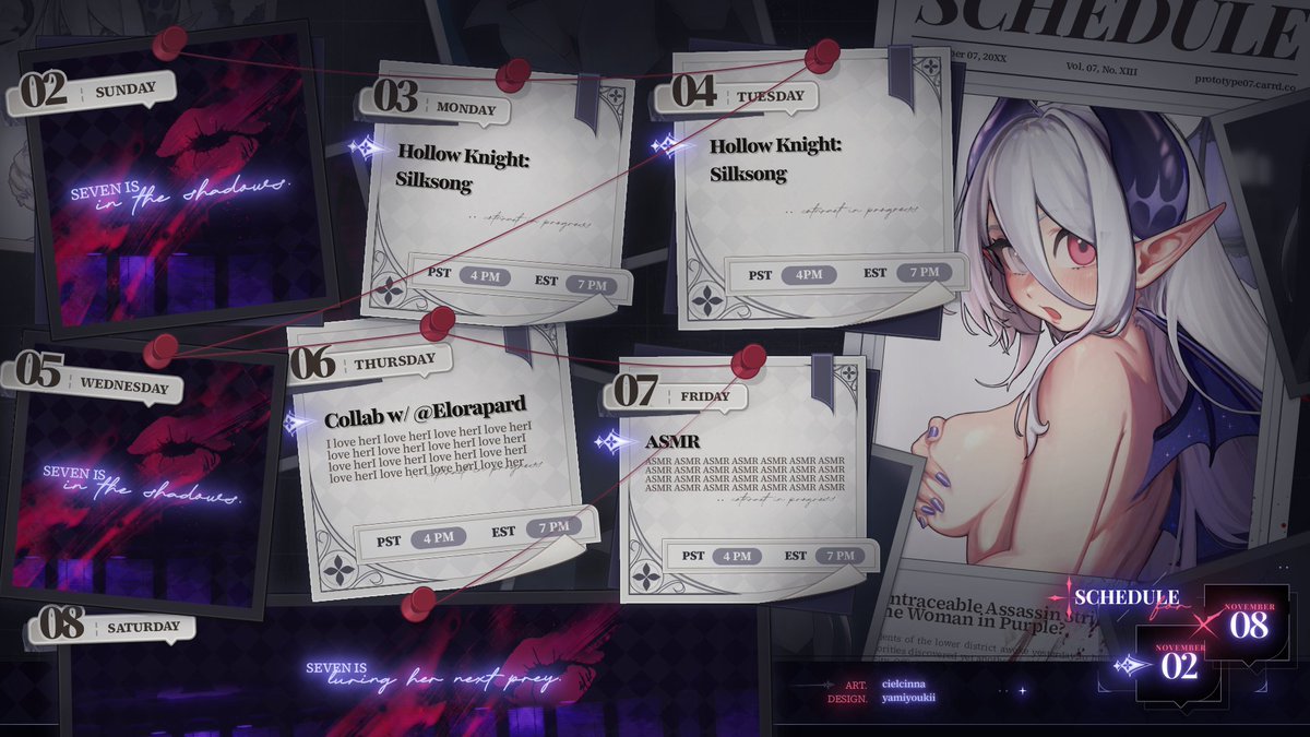 Prot0type7's tweet image. ⟡ SCHEDULE November 02 - 08 ⟡

More silksong~
And collab with elo!!💗
Will also probably do some pulls on uma Thursday or Friday ;))