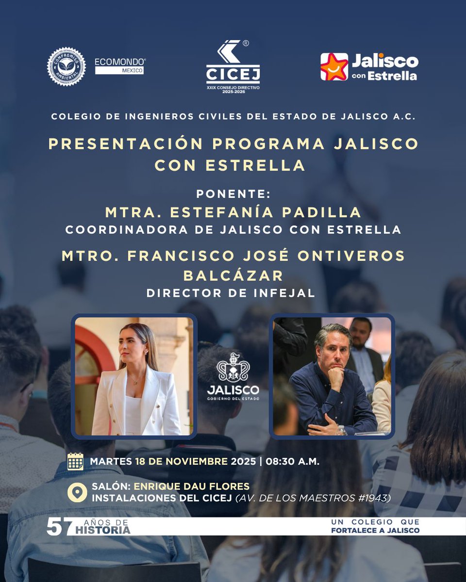 cicej_'s tweet photo. El CICEJ te invita a la "Presentación del Programa Jalisco con Estrella", con la presencia de la Mtra. Estefanía Padilla (@fanypadillam), Coordinadora de Jalisco con Estrella; y el Mtro. Francisco José Ontiveros Balcázar (@fontiveros76), Director del Instituto de la Infraestructura Física Educativa del Estado de Jalisco.

📅 Fecha: Martes 18 de Noviembre del 2025
🕣 Hora: 8:30 hrs.
📍 Lugar: Salón Enrique Dau Flores (CICEJ, Av. de los Maestros 1943)

¡No faltes! Tu participación es importante para fortalecer nuestra ciudadanía.

#UnColegioQueFortaleceAJalisco