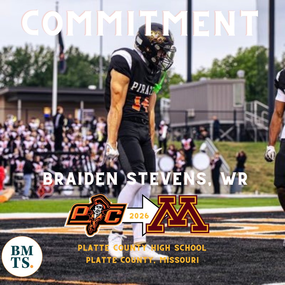 BREAKING: 3⭐️ 2026 (Platte City, MO) WR Braiden Stevens (<a href="/BraidenStevens_/">Braiden Stevens 2026</a>) has verbally committed to Minnesota. 

Listed at 5-foot-8, he decommitted from S. Dakota St on Sept. 30. He had 31 catches, 702 yards and 13 TDs through the first 8 games this season.