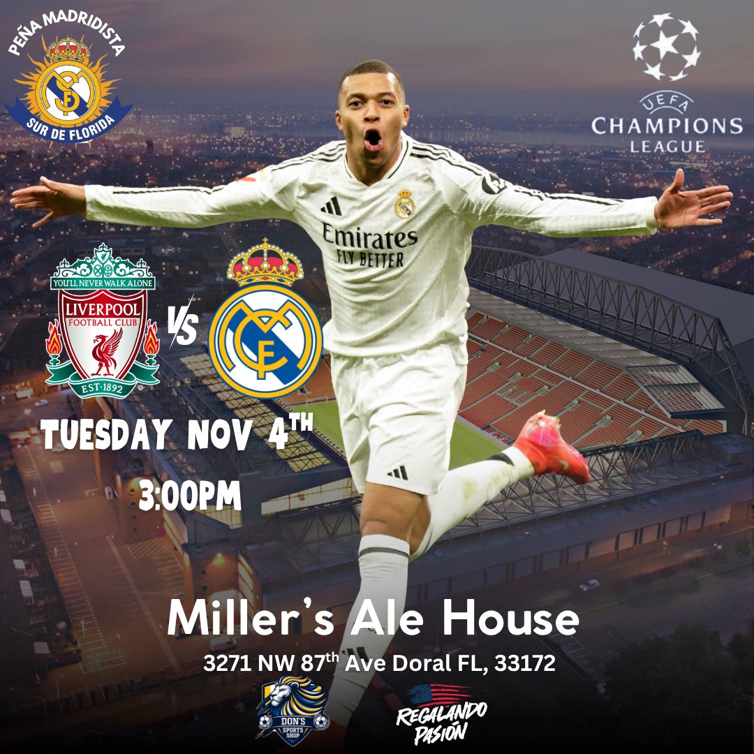PRÓXIMO PARTIDO!🙌
🆚 LIVERPOOL 
📍3271 NW 87th Ave, Doral, FL 33172
⏰ MARTES 3:00 PM 
🏆 <a href="/ChampionsLeague/">UEFA Champions League</a>
📣📣 Atención: por este juego estaremos Aqui desde las 2 pm pueden venir a comer y conversar de fútbol y madridismo, Gracias por su comprensión Hala Madrid 👏🏻👏🏻🏆🏆⚽️⚽️👍🏻👍🏻