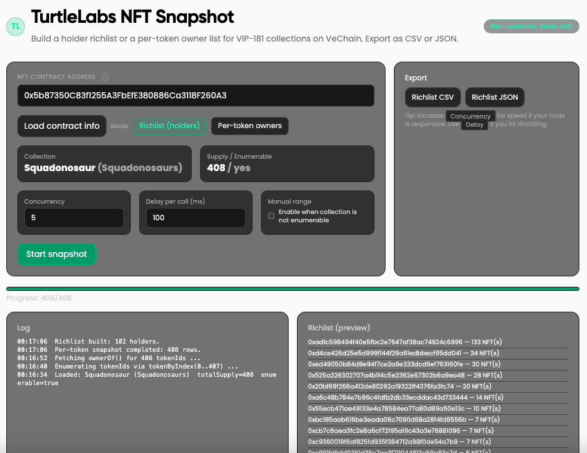 GN Crypto Geeks!

Did you know we have a Free of Use NFT Snapshot tool on our Dapp?

Snapshot the Holders + Richlist of every NFT Collection on VeChain In Real Time!

Build On <a href="/vechainofficial/">VeChain</a>
