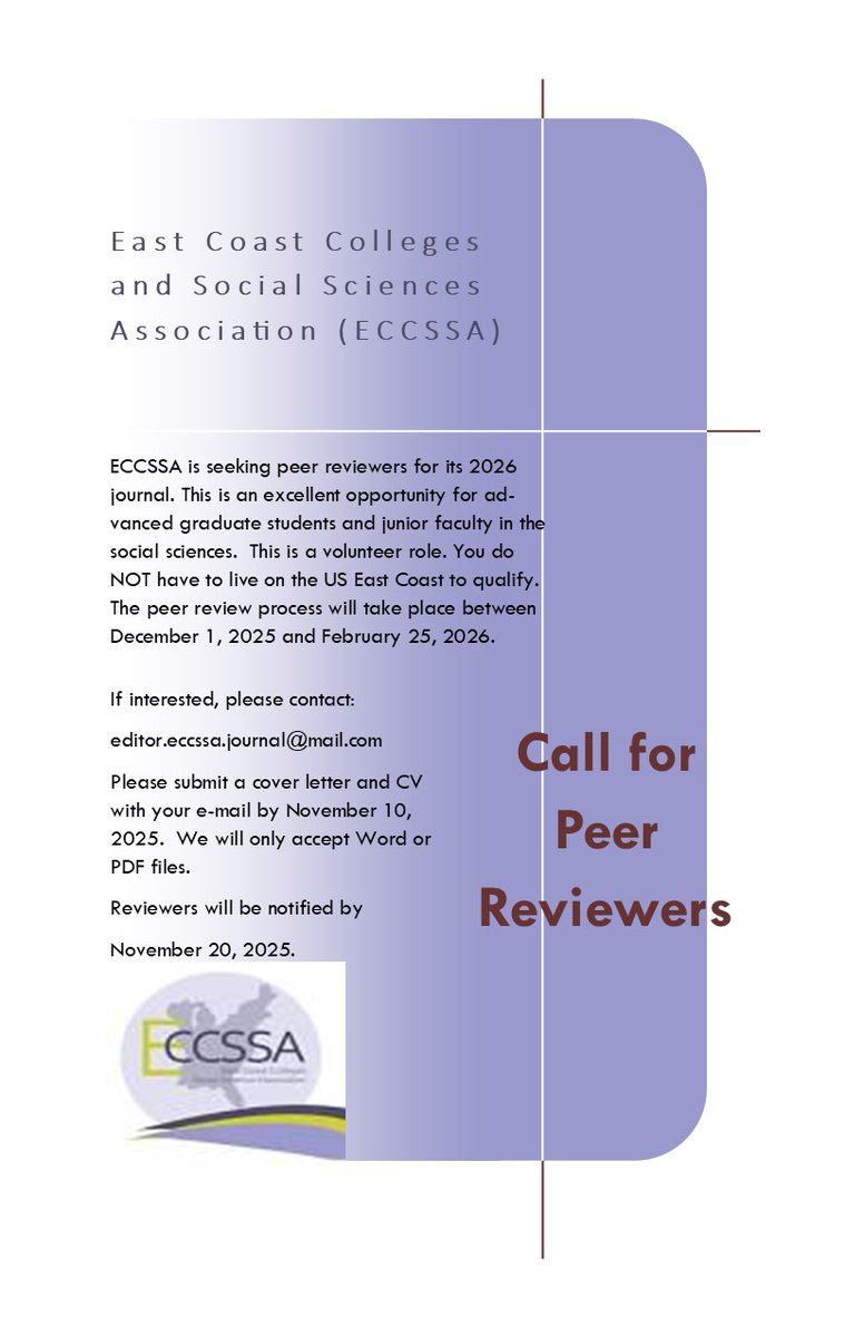 ECCSSA's tweet image. ECCSSA is looking for peer reviewers for its journal. Please see below and respond by 11/10 for consideration by e-mailing: editor.eccssa.journal@mail.com