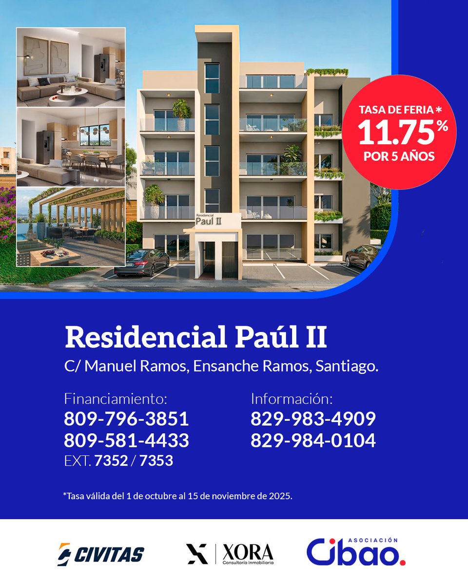 ¡Aprovecha nuestra tasa especial de feria de 11.75% por 5 años y adquiere tu apartamento en el Residencial Paúl II! 🏡🤩 

📅 Este beneficio de feria estará disponible hasta el 15 de noviembre de 2025.

El proyecto se encuentra ubicado en la calle Manuel Ramos, Ensanche Ramos,