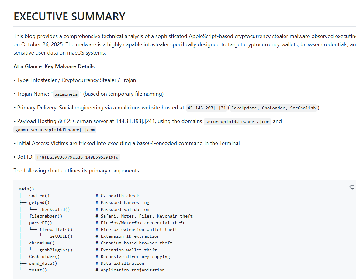 LiliLin41874723's tweet photo. 🚨 New #macOS #malware deep-dive 🚨
Just published a deep-dive into a #malicious #AppleScript targeting macOS—credential theft, #crypto wallet #exfiltration, and malicious replacement #persistence.
💻 Read full analysis: https://t.co/L8WhzFh7Xu
#CyberSecurity #ThreatHunting https://t.co/LtVo0KRuHt