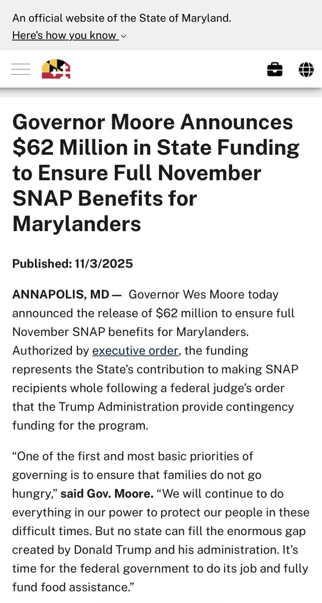 BREAKING—Maryland will now fully fund SNAP (food stamp) benefits at 100% for all SNAP eligible residents who did not receive benefits from Trump USDA. This is this first govt shutdown in which the USDA has blocked 100% SNAP for hungry Americans. Thank you <a href="/GovWesMoore/">Governor Wes Moore</a>