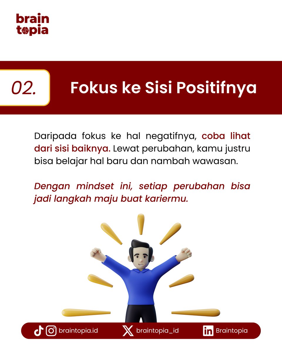 braintopia_id's tweet photo. Pernah takut atau cemas sama perubahan? 😟 Tenang, ada 3 cara buat ngatasin pikiran negatif biar kamu siap hadapi perubahan Yuk, cek selengkapnya di slide! 
#selfimprovement #karier #tipsntrick #work #insight #braintopia https://t.co/EkllPEe14n