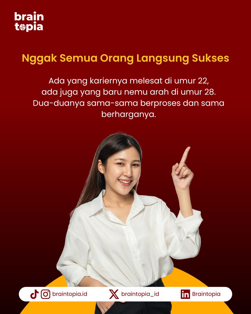 braintopia_id's tweet photo. Nggak semua harus sukses di umur 25 🌱
Setiap orang punya waktu &amp; jalan masing-masing 💫
#RealTalkBraintopia #CareerJourney #SlowSuccessIsStillSuccess #SelfGrowth https://t.co/BvvFOVBm09