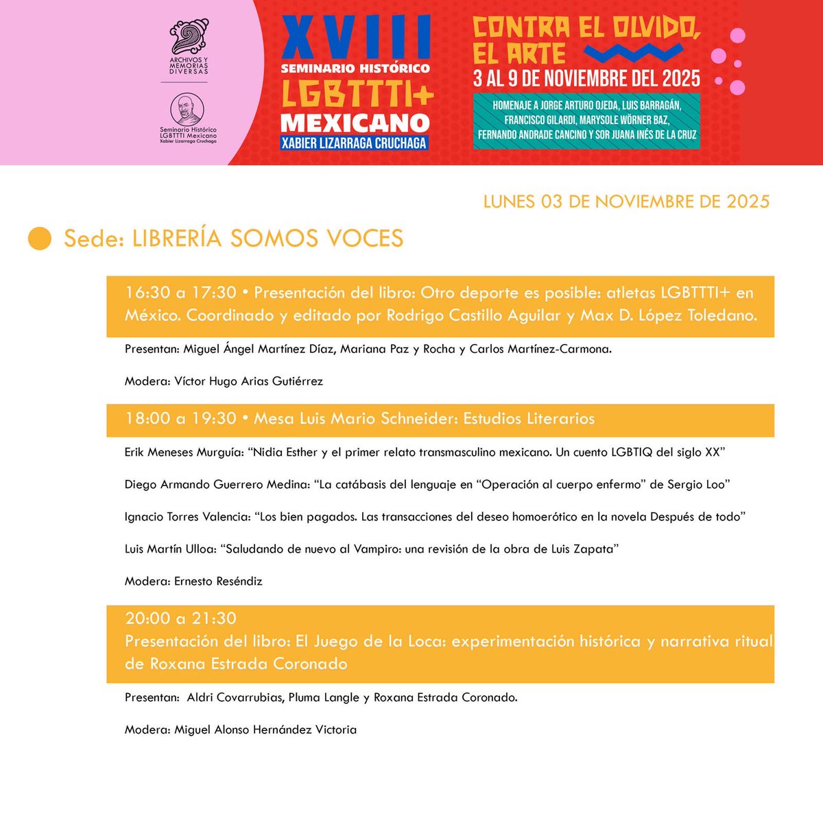 Ya estamos en <a href="/SomosVocesMX/">Somos Voces</a> ¡cáiganle al #SeminarioHistóricoLGBTTTIMexicanoXabierLizarragaCruchaga! Niza 23A entre Hamburgo y Reforma. <a href="/ArchivosY/">Archivos y Memorias Diversas</a> invitan…