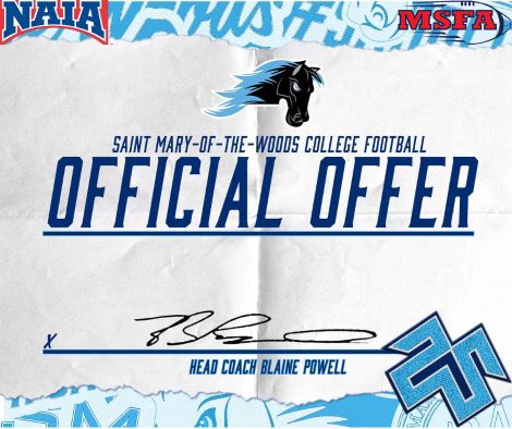 AGTG!!!!! After a great phone call with <a href="/CoachPowellSMWC/">Trey Powell</a> I’m glad to say I have a received an official offer from <a href="/SMWCFB/">Saint Mary-of-the-Woods College Football</a> to play football! So grateful for this opportunity! <a href="/CoachLeBlanc1/">Tyson LeBlanc</a> <a href="/CoachAugenstein/">Connor Augenstein</a> <a href="/OEHS_GoWolves/">OEHS Athletics</a> <a href="/OEHSfootball/">Oswego East Football</a> <a href="/PrepRedzoneIL/">Prep Redzone Illinois</a> <a href="/KCNpreps/">Kendall County Preps - Shaw Local</a> <a href="/EDGYTIM/">Timothy “EDGYTIM” OHalloran</a>