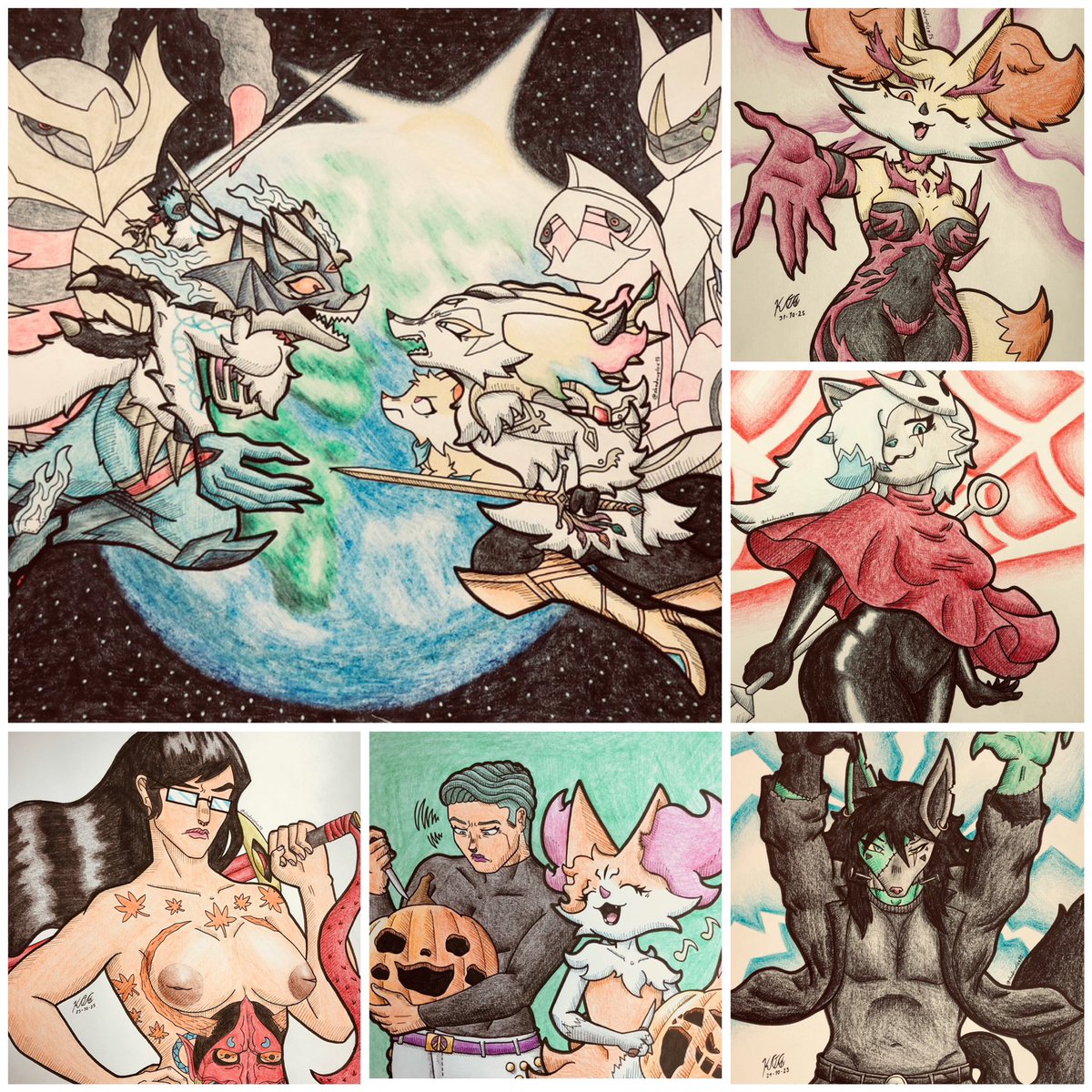 October Art Summary~ 🖼️ 

That month had an intense beginning with my biggest comm so far, and an intense ending with three illustrations finished in three days one after the other.

Also the return of my babies, Victor and Yvonne, whom you’ll see a lot more from now on. 💚🩷