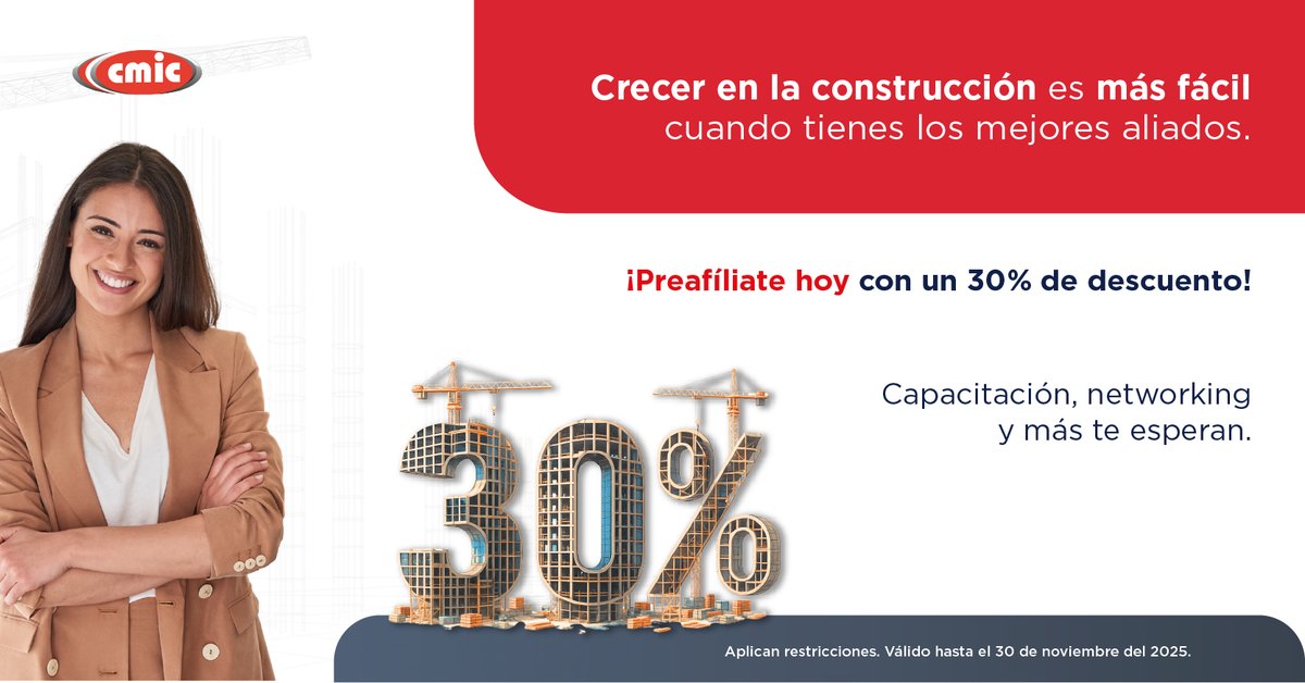 🍂 #Noviembre es el mes para aprovechar el #30% de descuento en tu #preafiliación2026 y formar parte de la red que impulsa a las empresas constructoras en todo México.

👉 Preafiliate hoy: cmic.org.mx/cmic/afiliacio…

*Aplica restricciones.
Válido hasta 30 de noviembre de 2025