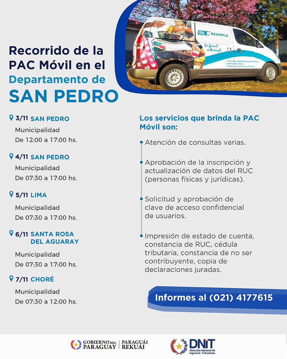 🚍El #PacMóvil de la <a href="/DNITpy/">DNIT 🇵🇾</a>,  se encuentra esta semana en el departamento de San Pedro para brindar los servicios para la atención a los contribuyentes