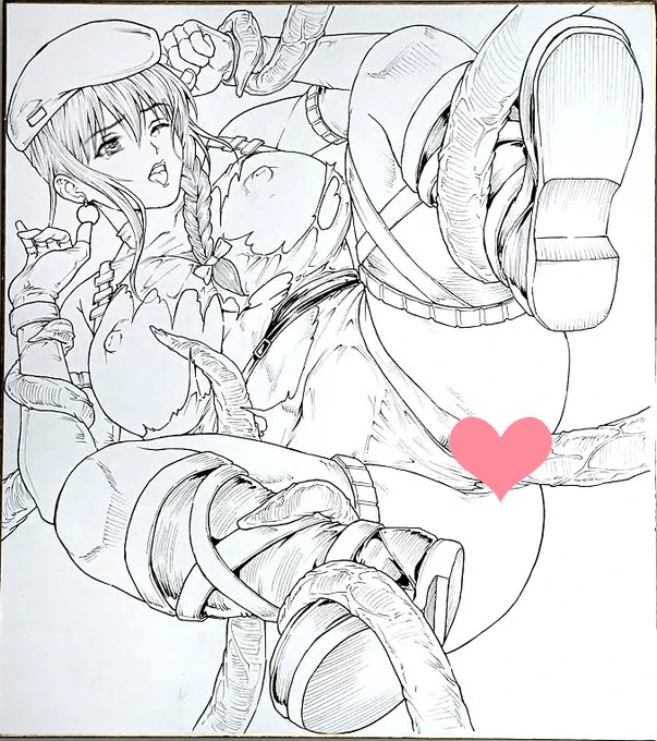 今日もBOOTHで発注受けたリクエスト色紙を描いてます。20年前に人生で一度だけチャレンジした"触手"漫画に出てくる女工作員サン(/ω\)💞 