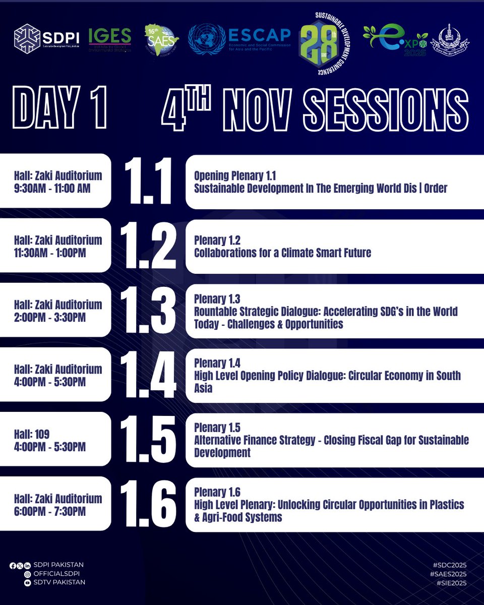 🧵📣Join us today for the high-level plenary sessions during the 28th Sustainable Development Conference 
📍Zaki Auditorium, Allama Iqbal Open University 
🗓4th Nov
🔗sdpi.org/sdconference/ 

#SDC2025 #SAES2025 #SIE2025