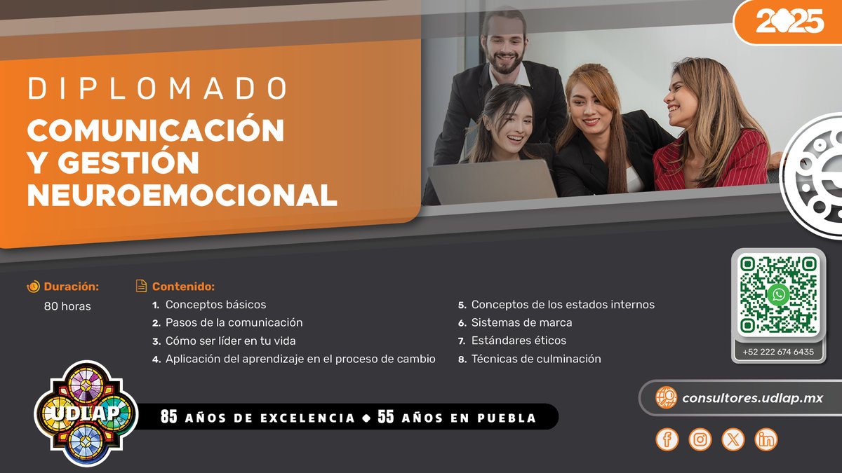 🧠 Diplomado – Comunicación, Motivación y Liderazgo desde la Neurociencia Emocional
📅 Inicio: 10 nov | ⏰ 80 h
Fortalece tu comunicación, motivación y liderazgo desde la neurociencia emocional.
👉 Inscríbete o pide informes en WhatsApp: wa.me/522223554664
🎓 <a href="/udlap/">UDLAP</a>